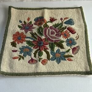 Vintage Beige Needlepoint Floral Pillow Cover 16 x 16